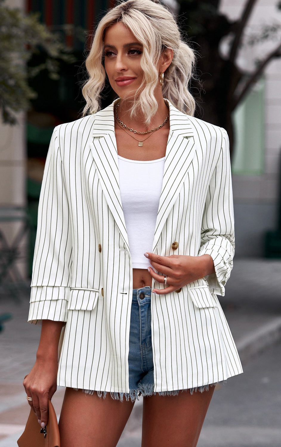 Chic and Classy Striped Double-Breasted Long Sleeve Blazer