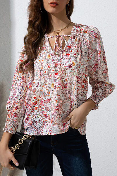 Printed Tie Neck Long Sleeve Blouse Trendsi