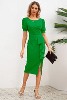 Slit Ruffled Puff Sleeve Midi Dress Trendsi