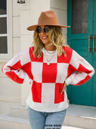 Checkered Round Neck Dropped Shoulder Sweater Trendsi