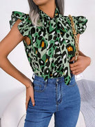 Leopard Tie Neck Cap Sleeve Blouse Trendsi