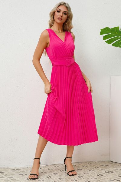 Surplice Sleeveless Midi Pleated Dress Trendsi