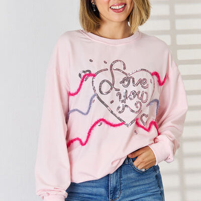 LOVE YOU Heart Sequin Round Neck Sweatshirt Trendsi