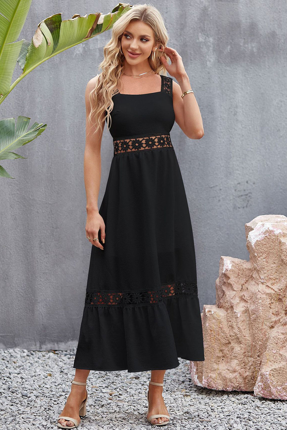 Flower Crochet Wide Strap Midi Dress Trendsi