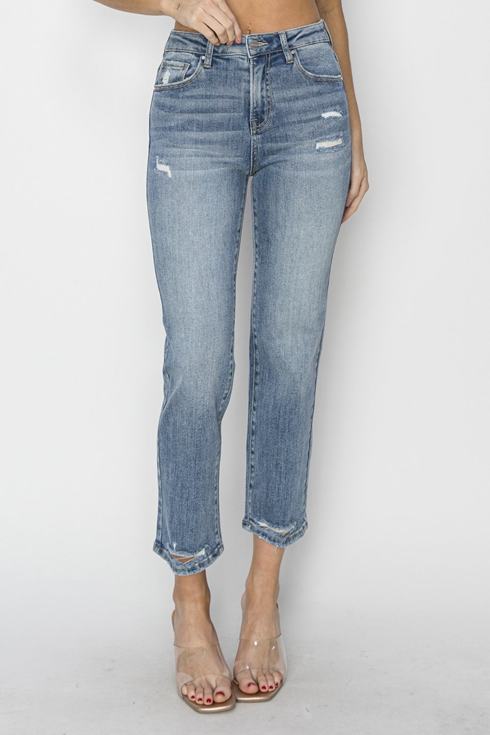 RISEN Full Size High Waist Distressed Cropped Jeans Trendsi