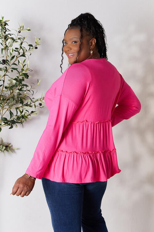 Double Take Half Button Long Sleeve Ruffle Hem Blouse Trendsi