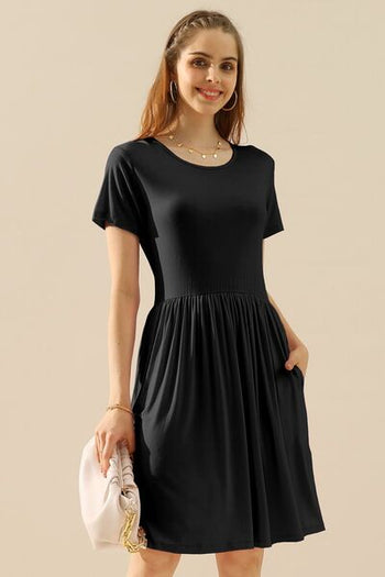 Ninexis Round Neck Ruched Dress with Pockets Trendsi