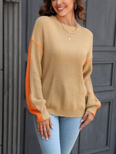 Contrast Round Neck Dropped Shoulder Sweater Trendsi