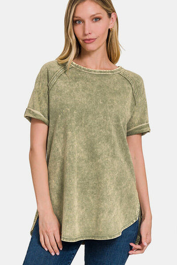 Zenana Heathered Round Neck Short Sleeve Blouse Trendsi