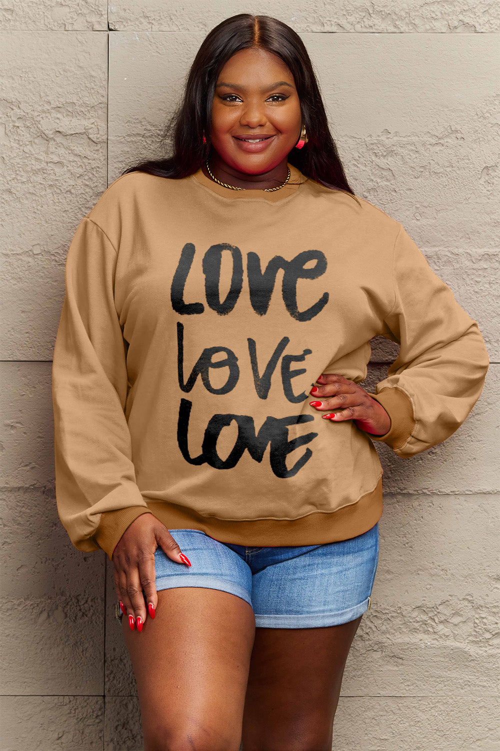 Simply Love Full Size LOVE Round Neck Sweatshirt Trendsi