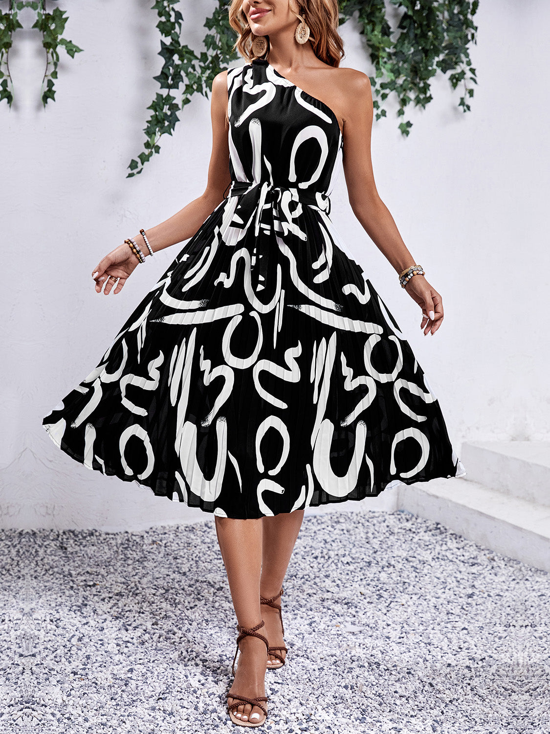 Printed Single Shoulder Tie Waist Dress Trendsi