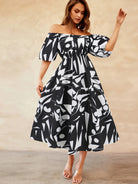 Printed Off-Shoulder Balloon Sleeve Dress Trendsi