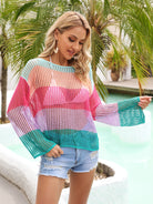 Color Block Openwork Boat Neck Cover Up Trendsi