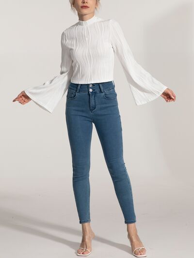 Mock Neck Flare Sleeve Blouse Trendsi