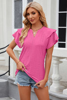 Eyelet Notched Short Sleeve T-Shirt Trendsi