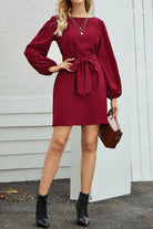 Tied Boat Neck Balloon Sleeve Mini Dress Trendsi