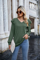 Ruffled Heathered V-Neck Long Sleeve T-Shirt Trendsi