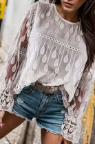 Round Neck Flounce Sleeve Lace Blouse Trendsi