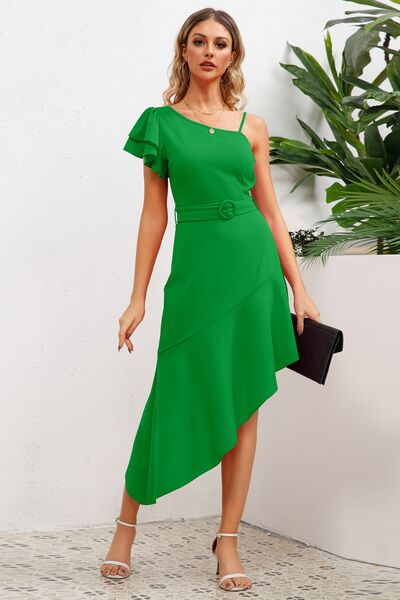 Ruffled Asymmetrical Neck Flutter Sleeve Dress Trendsi