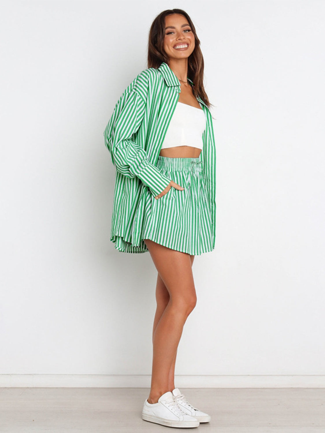 Striped Dropped Shoulder Shirt and Shorts Set Trendsi