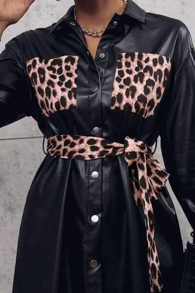 Tied Leopard Snap Down Trench Coat Trendsi