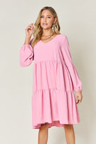 Double Take Full Size V-Neck Balloon Sleeve Tiered Dress Trendsi