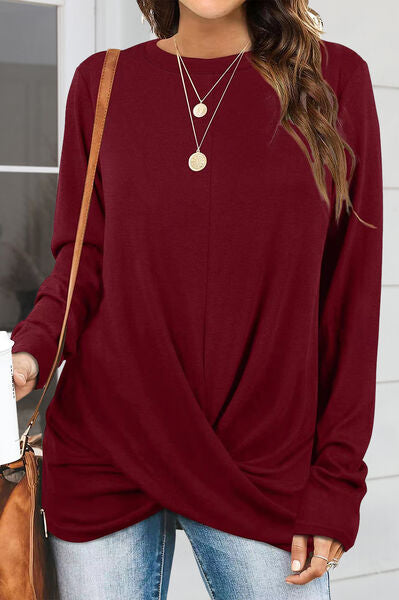 Ruched Round Neck Long Slleeve T-Shirt Trendsi