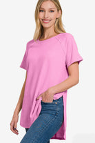 Zenana Slit Round Neck Short Sleeve Waffle Top Trendsi