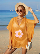 Openwork Flower V-Neck Short Sleeve Cover Up Trendsi