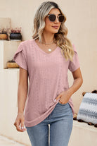 Eyelet V-Neck Petal Sleeve T-Shirt Trendsi