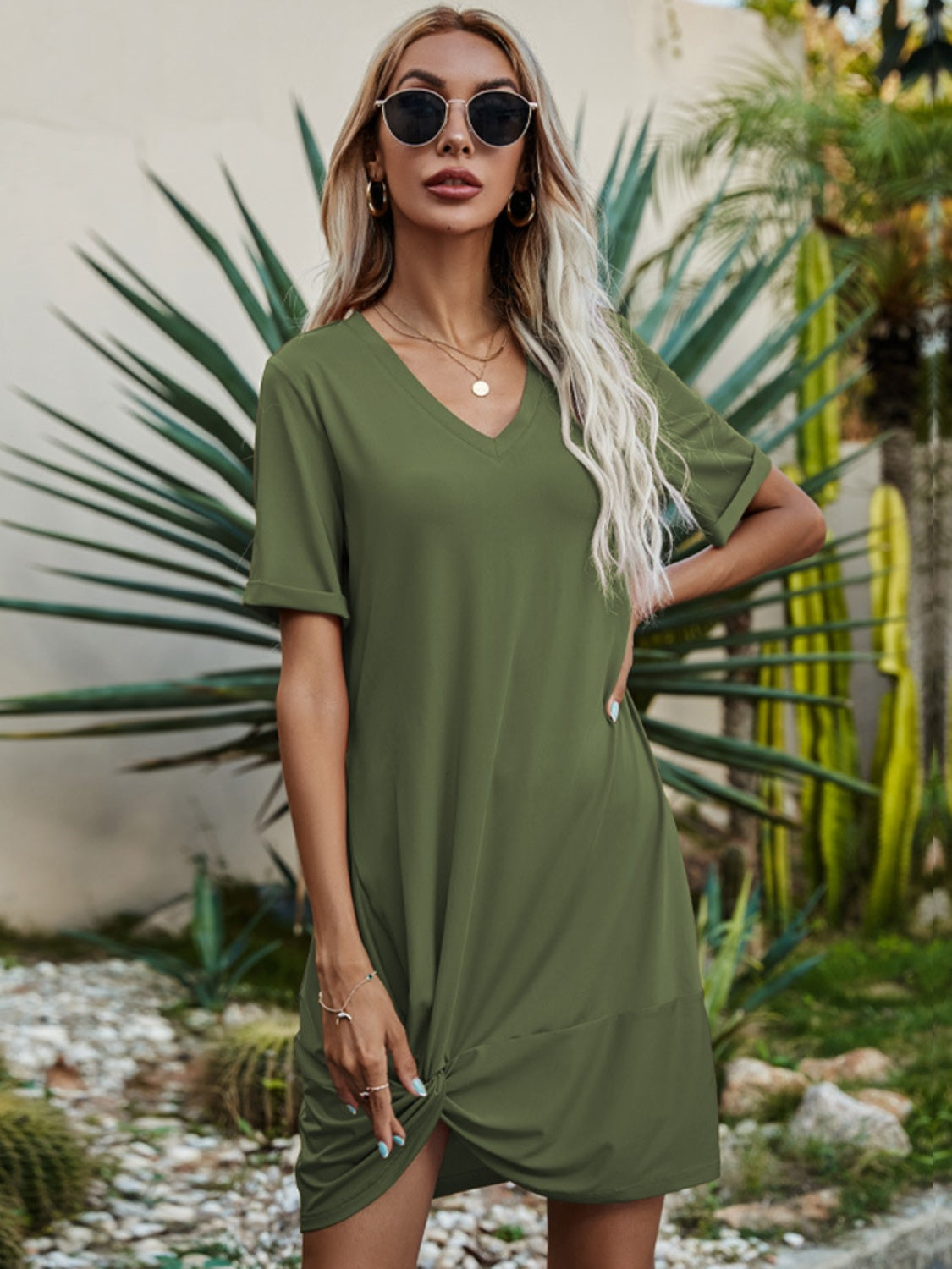 V-Neck Short Sleeve Mini Dress Trendsi