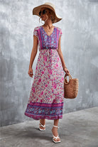 V-Neck Short Sleeve Printed Maxi Dress Trendsi