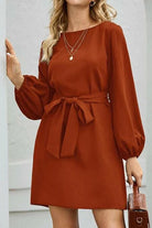 Tied Boat Neck Balloon Sleeve Mini Dress Trendsi