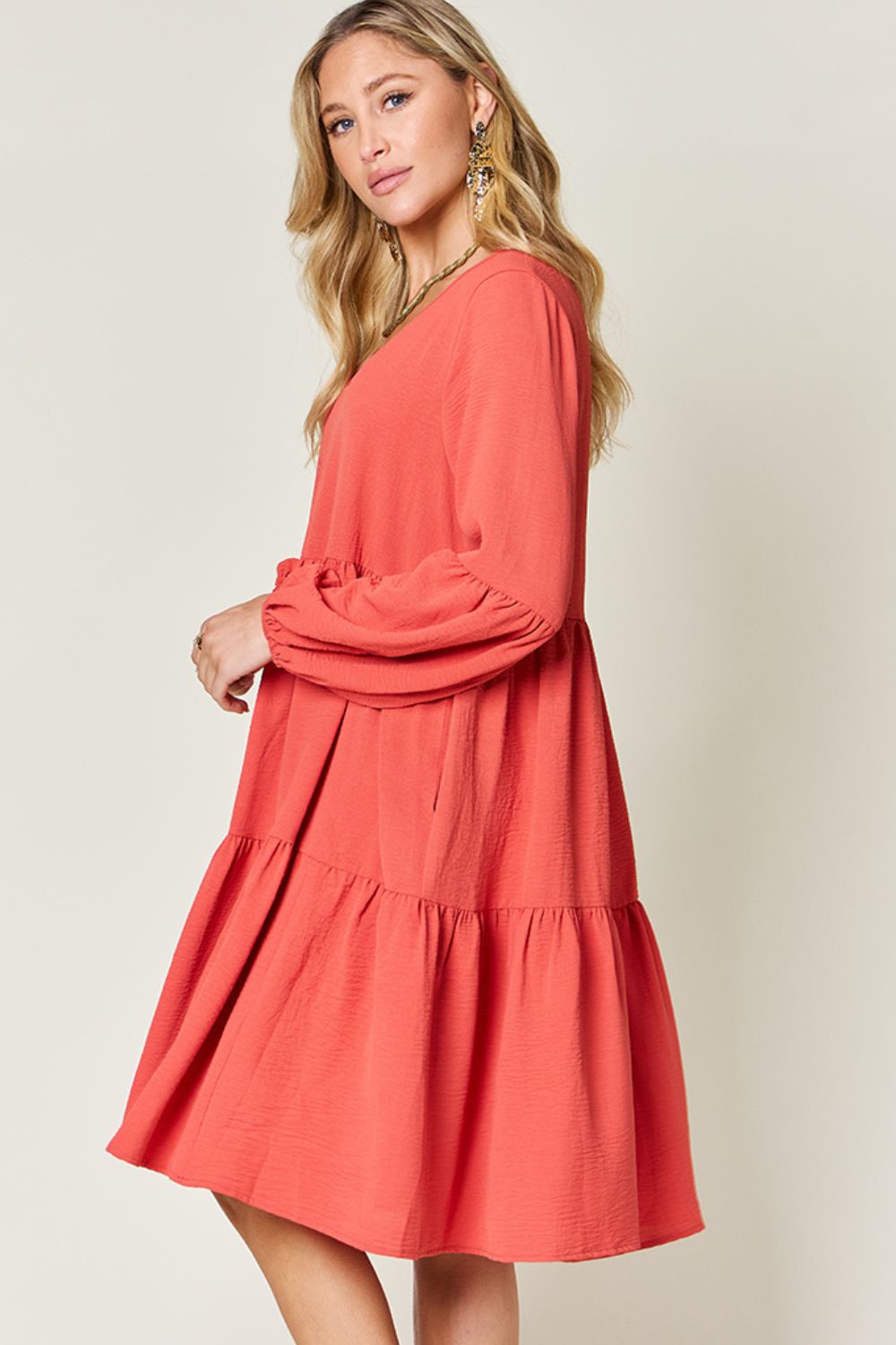 Double Take Full Size V-Neck Balloon Sleeve Tiered Dress Trendsi