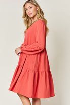 Double Take Full Size V-Neck Balloon Sleeve Tiered Dress Trendsi