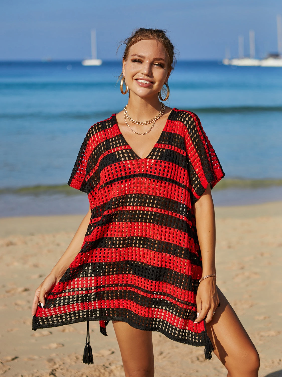 Tassel Openwork Striped V-Neck Cover Up Trendsi