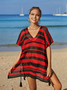 Tassel Openwork Striped V-Neck Cover Up Trendsi