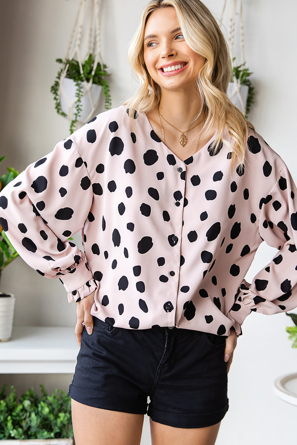 Printed Button Up Flounce Sleeve Shirt Trendsi