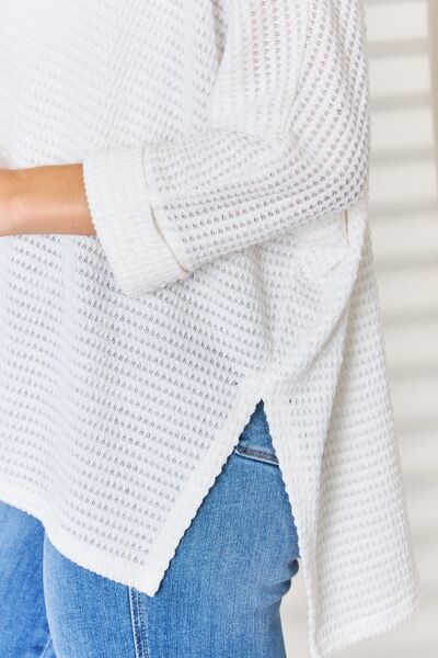 Zenana Full Size Waffle Knit V-Neck Long Sleeve Slit Top Trendsi