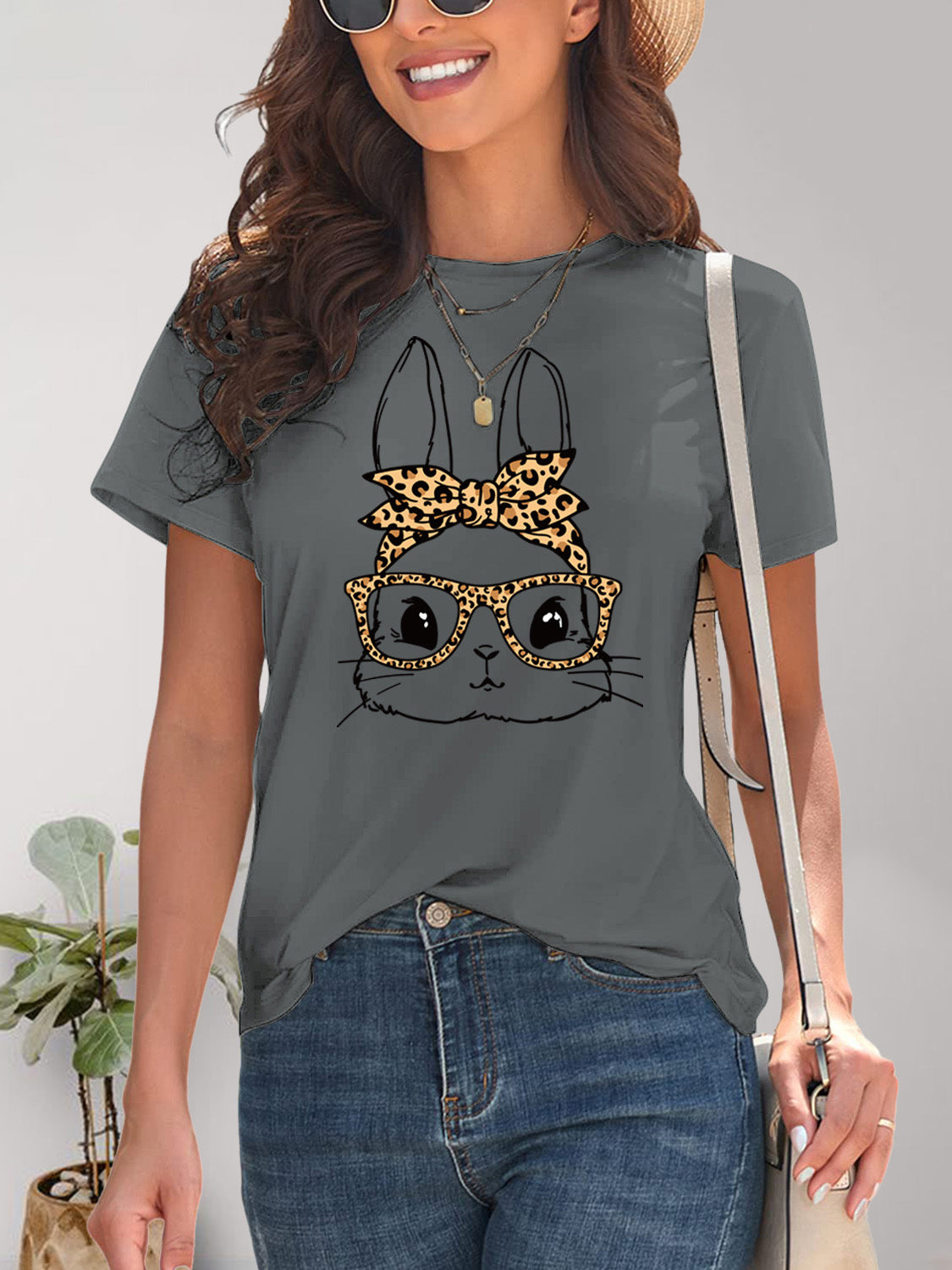 Rabbit Graphic Round Neck Short Sleeve T-Shirt Trendsi