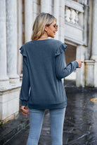 Ruffled Heathered V-Neck Long Sleeve T-Shirt Trendsi