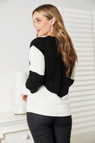 Double Take Two-Tone Openwork Rib-Knit Sweater Trendsi