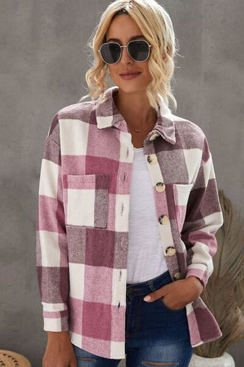 Plaid Button Up Dropped Shoulder Jacket Trendsi