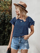 Ruffled Polka Dot Round Neck Short Sleeve Blouse Trendsi