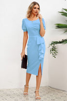 Slit Ruffled Puff Sleeve Midi Dress Trendsi