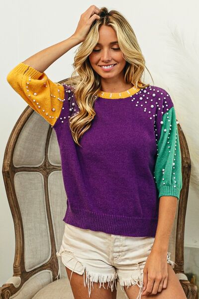BiBi Color Block Pearl Detail Round Neck Sweater Trendsi