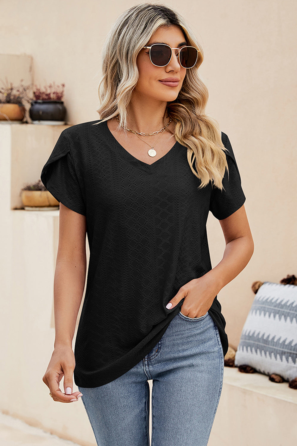 Eyelet V-Neck Petal Sleeve T-Shirt Trendsi