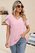 Eyelet V-Neck Petal Sleeve T-Shirt Trendsi