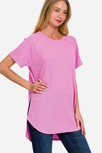 Zenana Slit Round Neck Short Sleeve Waffle Top Trendsi