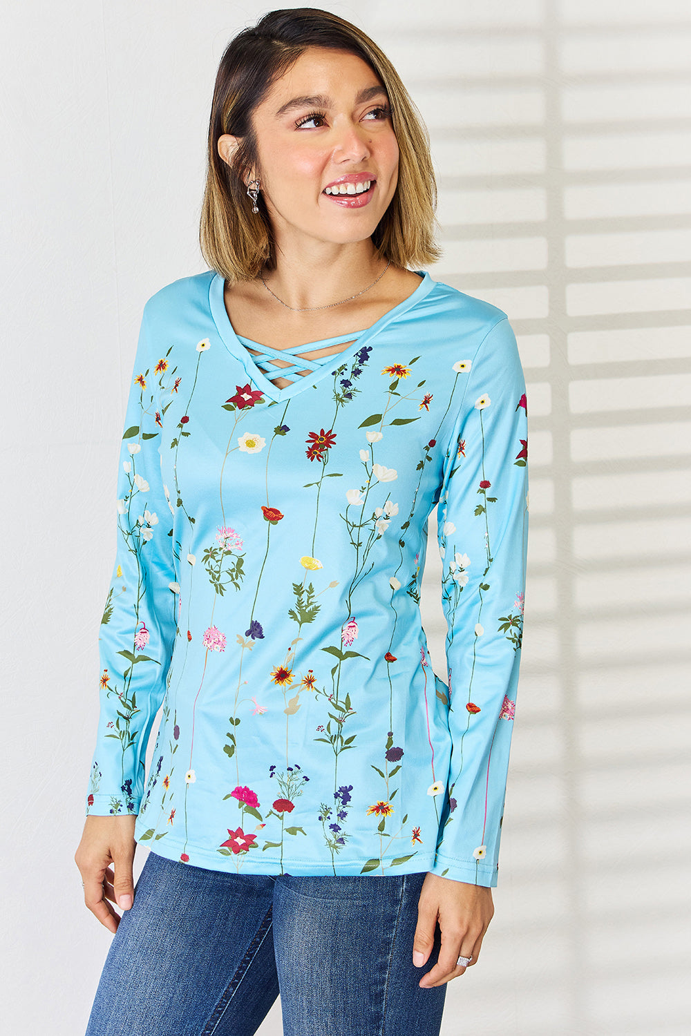 Crisscross Printed Long Sleeve T-Shirt Trendsi